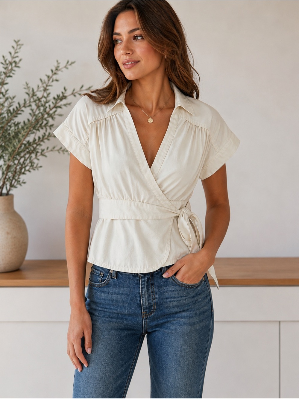 Mexx White Cotton Stretch True Wrap Blouse